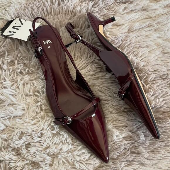 ZARA Cherry Red Patent Slingback Heels w/ Buckle Detail NWT (Sz 7.5) - Picture 9 of 16